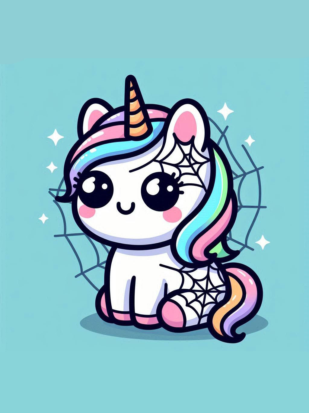 Halloween unicorn illustration ideas featuring an adorable unicorn with a spiderweb design.